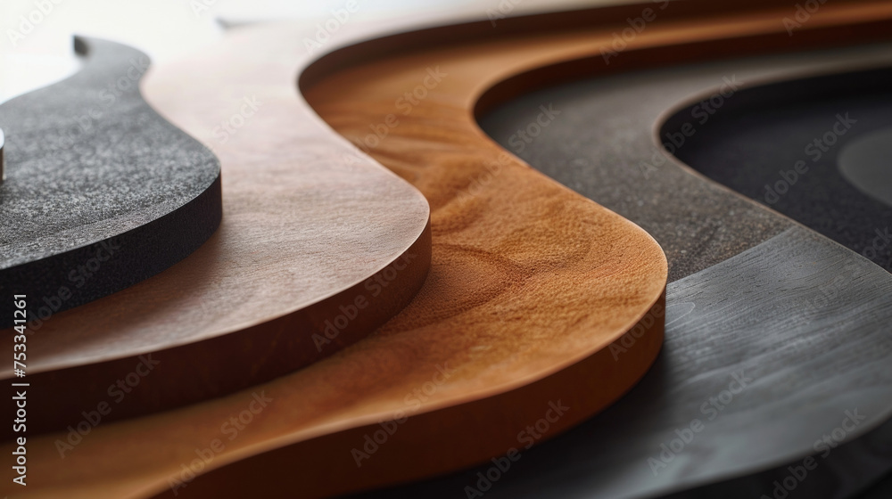 Poster thick curved panels made of composite materials sit side by side each with a different arrangement o