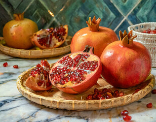Whole and Cut Orange and Red Pomegranates on a Wooden Platter on a Quartz Kitchen Countertop - 753341608