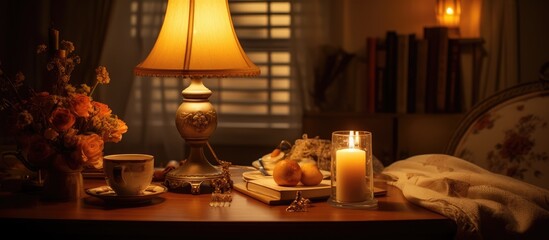 Creating a warm ambiance with table lamp and candlelight - obrazy, fototapety, plakaty