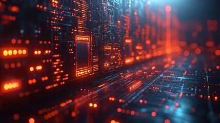 Obraz premium A dynamic and futuristic cityscape filled with holographic screens and projections serves as the backdrop for a motion graphic highlighting the potential of fintech and blockchain