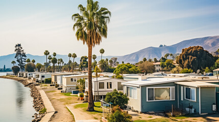 Mobile homes by a lakeside with palm trees and hills in the background