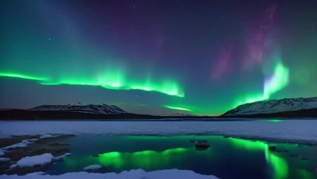 Colorful aurora Reflecting Over Sea and Lake