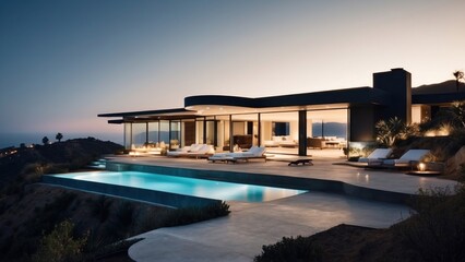 Fototapeta premium Stunning modern villa nestled in the hills of Malibu, California, offering breathtaking views of the Pacific Ocean