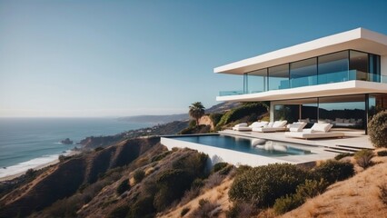 Fototapeta premium Stunning modern villa nestled in the hills of Malibu, California, offering breathtaking views of the Pacific Ocean