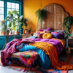 A bohemian-styled bedroom with vibrant decor, including a colorful rug and lush plants, set against rocks walls