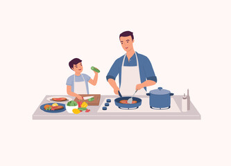 Father And Son Preparing Food Together In The Kitchen. Smiling Little Son In Apron Cutting Cucumber With Knife. Father Cooking Steak With Frying Pan. Half Length.