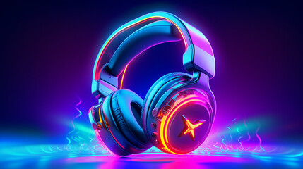 Fototapeta na wymiar High-Tech, Wireless, Futuristic, Design Headphones, Smart Audio, Glow Headphones, with LED Lit background, and Neon Colors and Ambient Lighting, ai generated