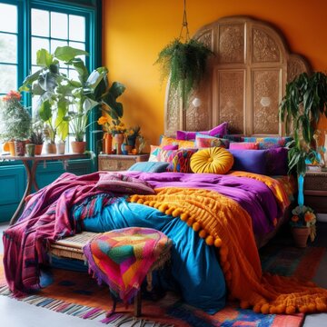 A bohemian-styled bedroom with vibrant decor, including a colorful rug and lush plants, set against rocks walls