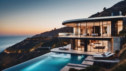 Stunning modern villa nestled in the hills of Malibu, California, offering breathtaking views of the Pacific Ocean - obrazy, fototapety, plakaty
