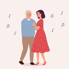 Smiling Elderly Father And Adult Daughter Dancing Together With Music. Full Length.