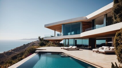 Fototapeta premium Stunning modern villa nestled in the hills of Malibu, California, offering breathtaking views of the Pacific Ocean