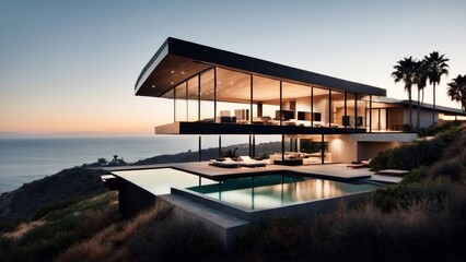 Fototapeta premium Stunning modern villa nestled in the hills of Malibu, California, offering breathtaking views of the Pacific Ocean