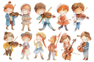 Children Playing Violins. Young musicians with violins in various poses.