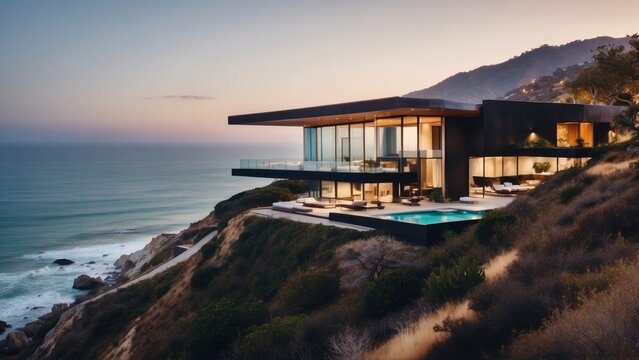 Stunning modern villa nestled in the hills of Malibu, California, offering breathtaking views of the Pacific Ocean