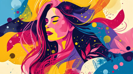 Vivid illustration of a woman's profile with cosmic and dreamlike abstract elements in a burst of colors.
