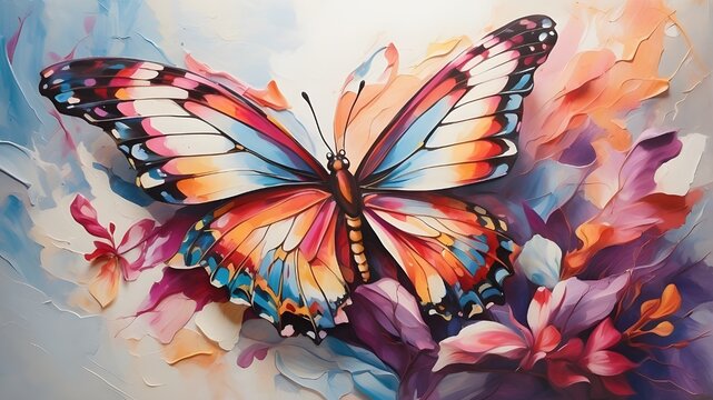 vibrantly painted butterfly with wings outstretched and in flight