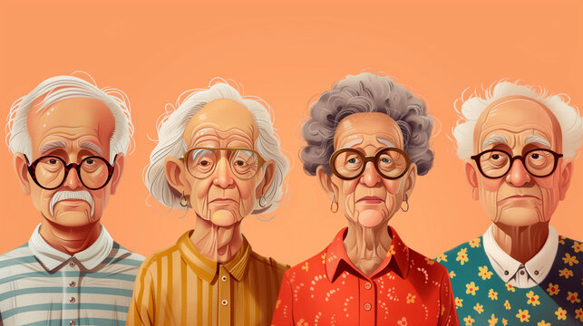 A portrait of a group of elderly Americans standing side by side, showcasing unity and togetherness. Peach color backdrop.