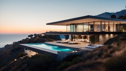 Fototapeta premium Stunning modern villa nestled in the hills of Malibu, California, offering breathtaking views of the Pacific Ocean