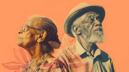 An old african american man and an old woman are standing next to each other in a portrait. Peach color backdrop. An elderly couple.