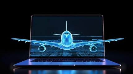 digital hologram of Modern Technology Airplane on laptop Screen