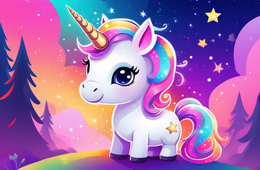 Fototapeta premium Cute little unicorn magical background. Happy baby unicorn fairytale backdrop.