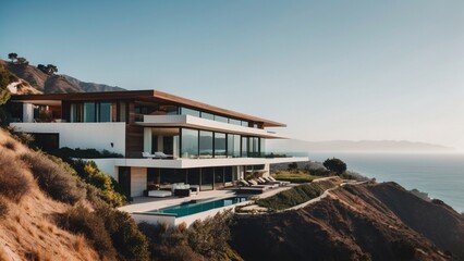 Stunning modern villa nestled in the hills of Malibu, California, offering breathtaking views of the Pacific Ocean