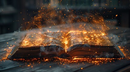 Flames of Knowledge: Open Book with Flames and Ashes Coming Out Pages 