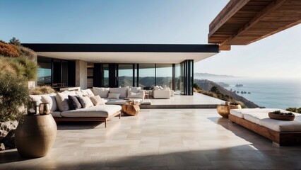 Fototapeta premium Stunning modern villa nestled in the hills of Malibu, California, offering breathtaking views of the Pacific Ocean