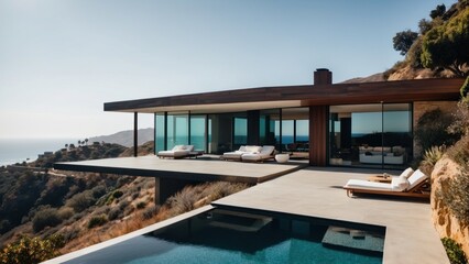 Fototapeta premium Stunning modern villa nestled in the hills of Malibu, California, offering breathtaking views of the Pacific Ocean