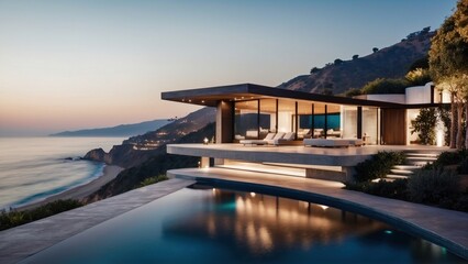 Stunning modern villa nestled in the hills of Malibu, California, offering breathtaking views of the Pacific Ocean