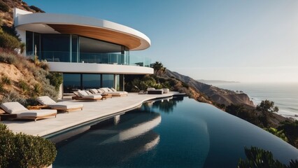 Obraz premium Stunning modern villa nestled in the hills of Malibu, California, offering breathtaking views of the Pacific Ocean
