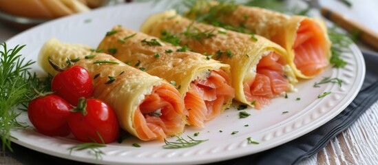 Fototapeta na wymiar Salmon lavash rolls - a delicious combination of pancakes or crepes with fish and cheese served on a white plate.