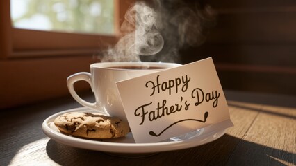 Happy Father's Day Breakfast Scene with Coffee, a Cookie and a Handwritten Note