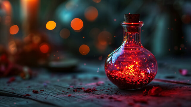 Enchanting glass potion bottle filled with a glowing red substance on an antique wooden table, amidst a magical setting.