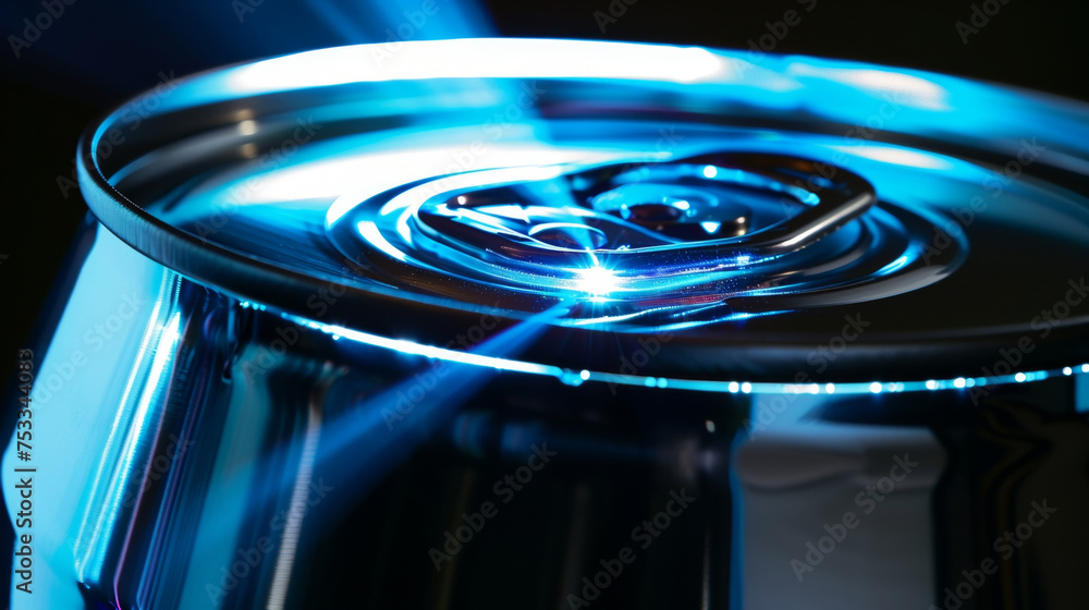 Poster the sharp blade of an electric can or highlighted by a beam of light as it nears the edge of the can
