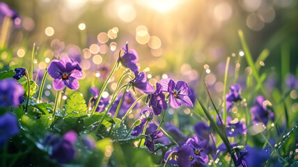 Delicate purple violets covered in morning dew drops, basking in the soft glow of a sunrise, evoking serenity and freshness.
