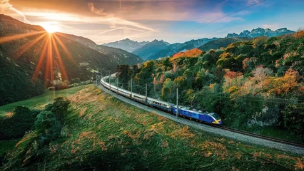 Gordijnen Train on the mountains concept transport environment landscape © gassh