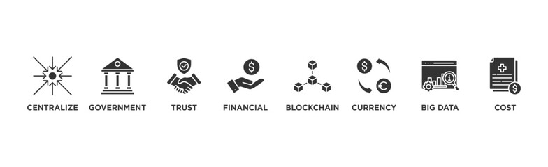 CBDC banner web icon illustration concept of central bank digital currency with icons of centralize, government, trust, financial, blockchain, currency, big data and cost	