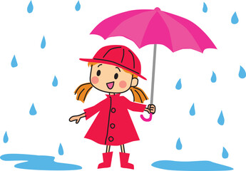 Illustration of a girl with pink umbrella. Red rain coats. Rainy weather. Rainy day. Vector Illustration.