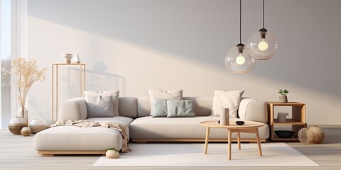 Modern home decor with a chic living room featuring a modular sofa, wooden coffee table, pendant lamp, and stylish accessories.