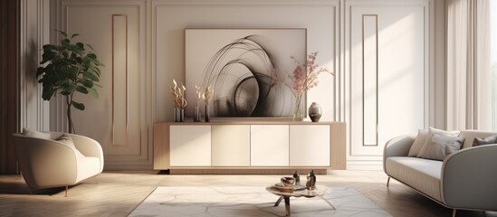 Modern living room interior with door and sideboard