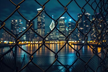 Night view of the skyline through a chain link fence.
