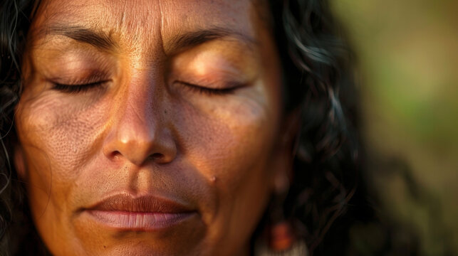 A closeup of a womans face her eyes closed in meditation. She is participating in a healing dance a highly spiritual and physical ritual that is believed to connect one to