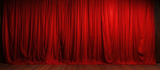 Red drapes on wooden floor against brown wooden wall