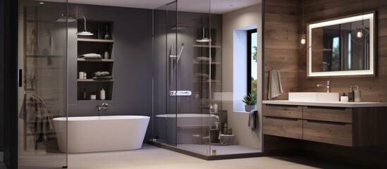 Modern bathroom with sinks mirrors bathtub and glass door shower box - obrazy, fototapety, plakaty