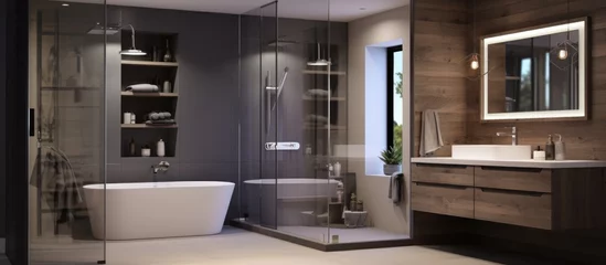 Foto op Canvas Modern bathroom with sinks mirrors bathtub and glass door shower box © LukaszDesign
