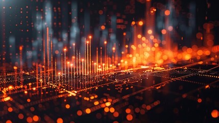 A dynamic representation of stock market data with glowing red graphs and charts against a dark, futuristic background.