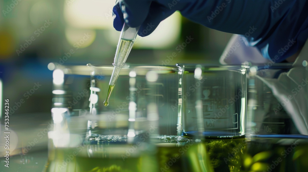 Poster a closeup of a lab technician using a pipette to carefully extract a small amount of green liquid fr