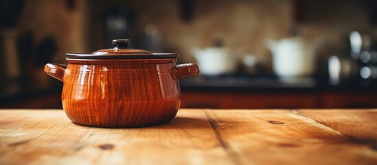 Close up of a pot on a wooden chopping board - obrazy, fototapety, plakaty