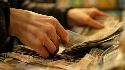 A closeup of a shoppers hands as they eagerly flip through a pile of coupons searching for the best deal.